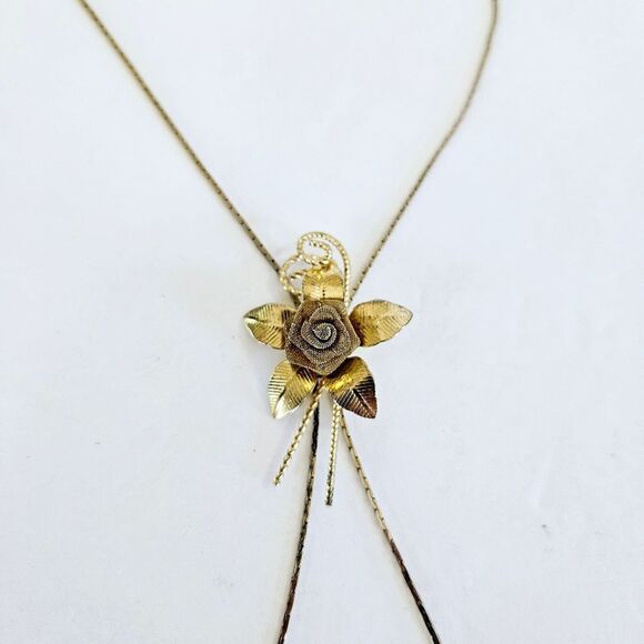 Vintage Gold Tone Textured Mesh Rose Floral Lariat Slide Adjustable Necklace - Picture 2 of 8